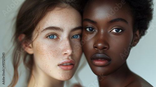 Two young women with contrasting skin tones. Generative AI.