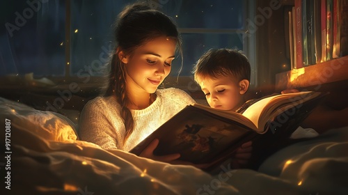 A mother reading a bedtime story to her child, both snuggled up in bed photo