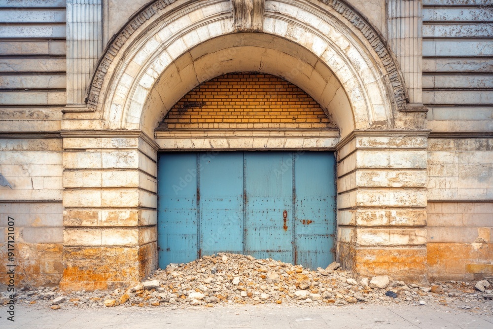 Urban Decay and Abandonment – Crumbling Archway and Rusted Door with Debris for Architectural Documentation Urban Decay and Abandonment – Crumbling Archway and Rusted Door with Debris for Architectural Documentation