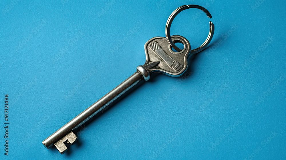 a metal silver home key on blue background, real estate mortgage loan document, contract agreement to buy or construction new home, insurance, registration of lease, rent apartments. Blue banner a metal silver home key on blue background, real estate mortgage loan document, contract agreement to buy or construction new home, insurance, registration of lease, rent apartments. Blue banner