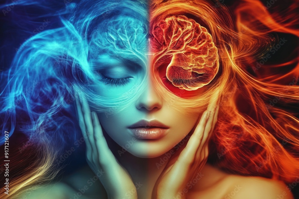 Obraz premium World Mental Health Day: Duality of Mind Portraying Inner Peace and Chaos - Conceptual Art for Awareness Campaigns