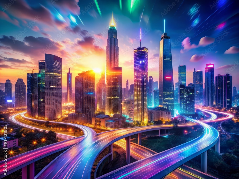 Vibrant neon hues illuminate a futuristic cityscape at dusk, with blurred bokeh lights swirling amidst sleek skyscrapers and neon-lit highways in a digital urban landscape. Vibrant neon hues illuminate a futuristic cityscape at dusk, with blurred bokeh lights swirling amidst sleek skyscrapers and neon-lit highways in a digital urban landscape.