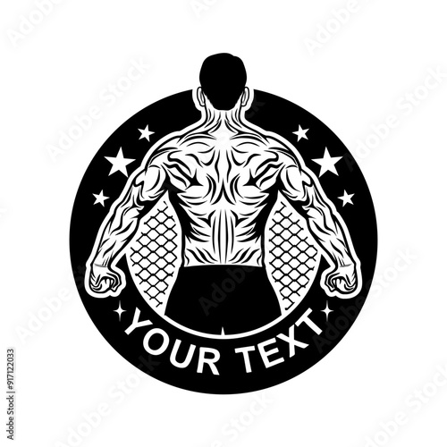 muscular man logo facing back in black and white vector line art