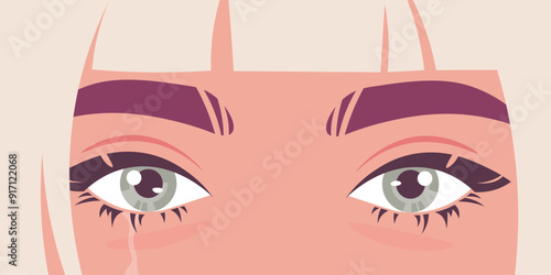 Female eyes weeping eyes with tears. Portrait of depressed blond woman crying for grief. Horizontal banner. Vector flat illustration
