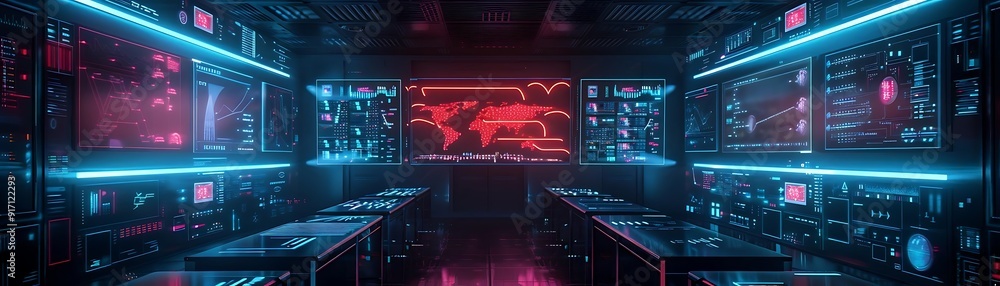 Cyberpunk Control Room with Neon Lights and Digital Displays 3D Illustration Cyberpunk Control Room with Neon Lights and Digital Displays 3D Illustration