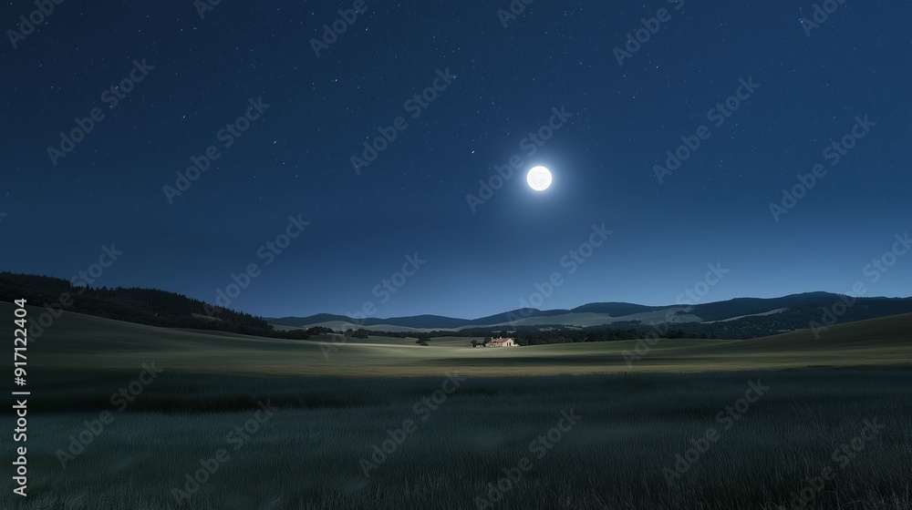 Serene countryside landscape under full moon night. Serene countryside landscape under full moon night.