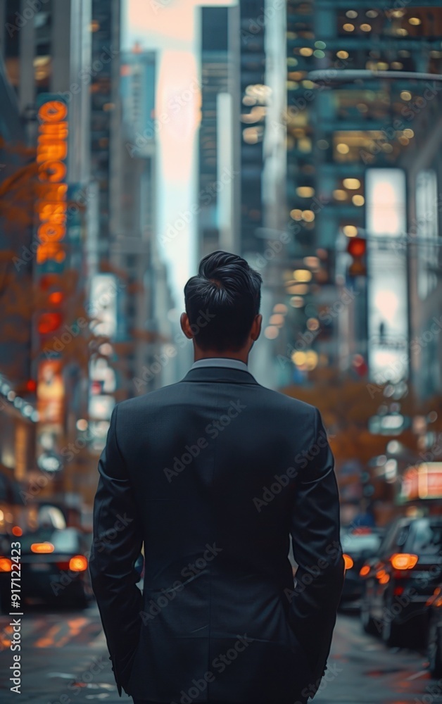 A man in a suit stands on a city street, looking up at the sky. The city is bustling with activity, with cars and buses driving by and people walking on the sidewalks