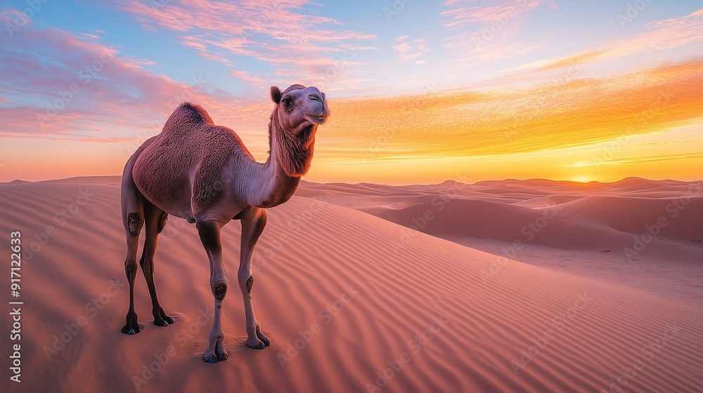 Camel in desert at sunset with vibrant sky.