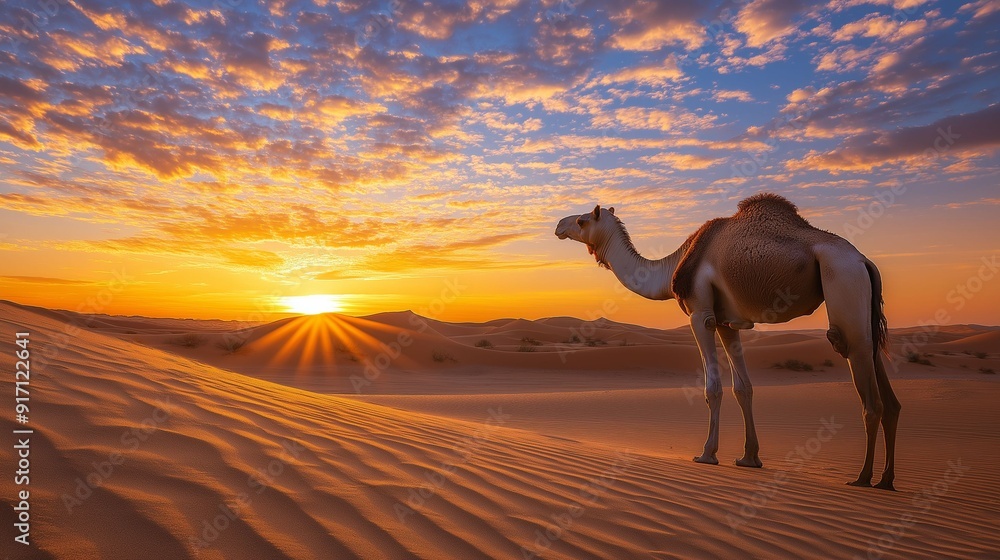 Camel in desert at sunset with vibrant sky. Camel in desert at sunset with vibrant sky.