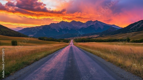 Scenic road leading to mountains at vibrant sunset.