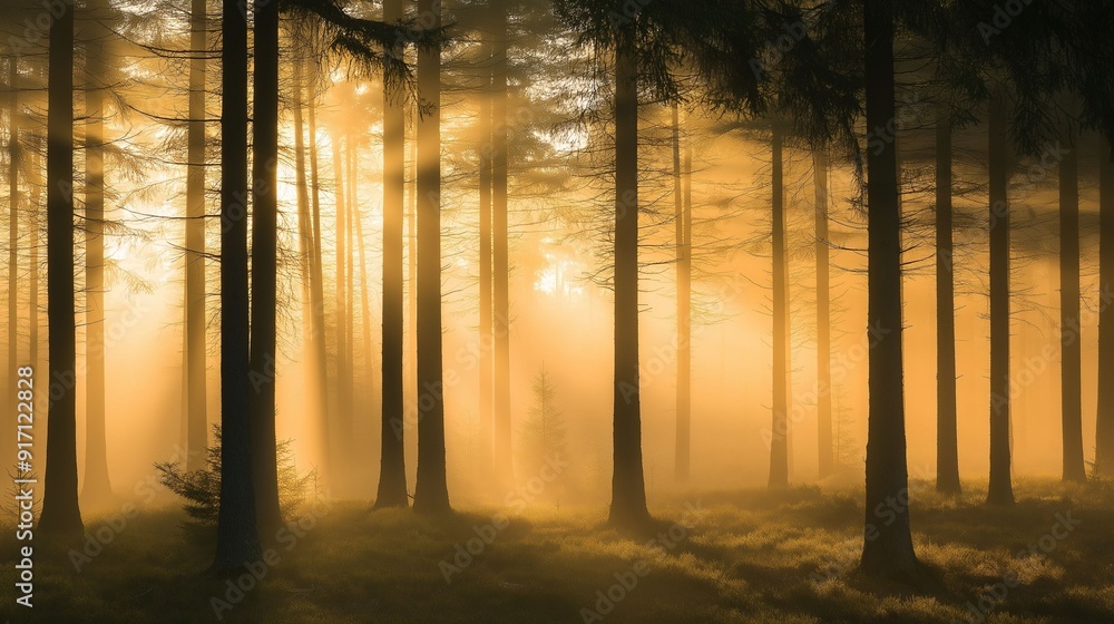 Sunrise illuminating misty forest with golden light. Sunrise illuminating misty forest with golden light.