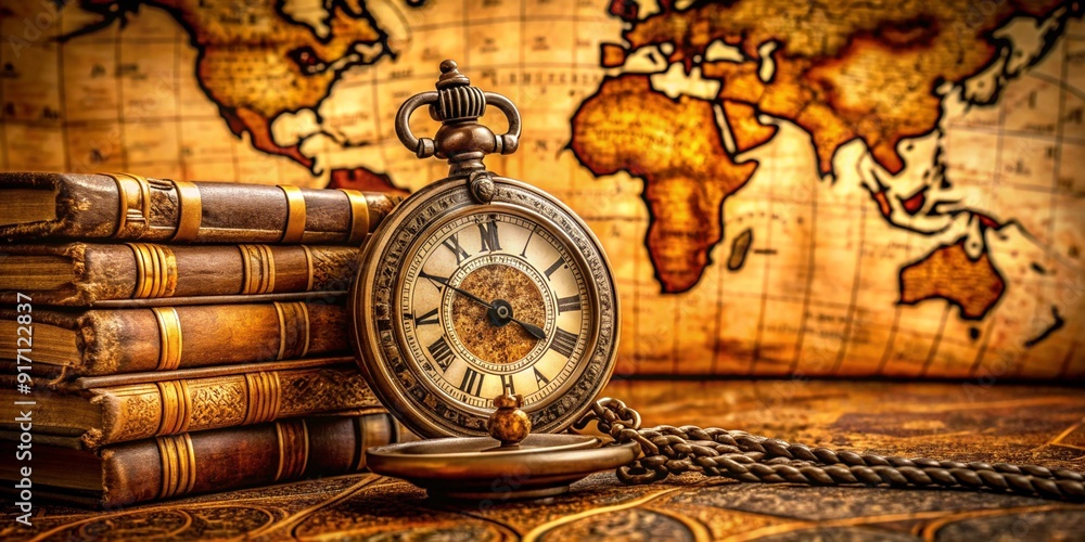 Fototapeta premium Vintage pocket watch clock on ancient map background with books