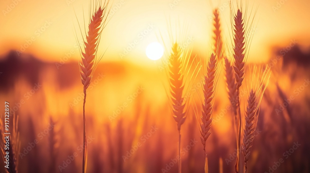 Close-up of golden wheat stalks glowing in the warm sunlight at sunset. Close-up of golden wheat stalks glowing in the warm sunlight at sunset.