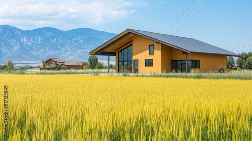 A yellow field of wheat with a modern house and mountain in the background.