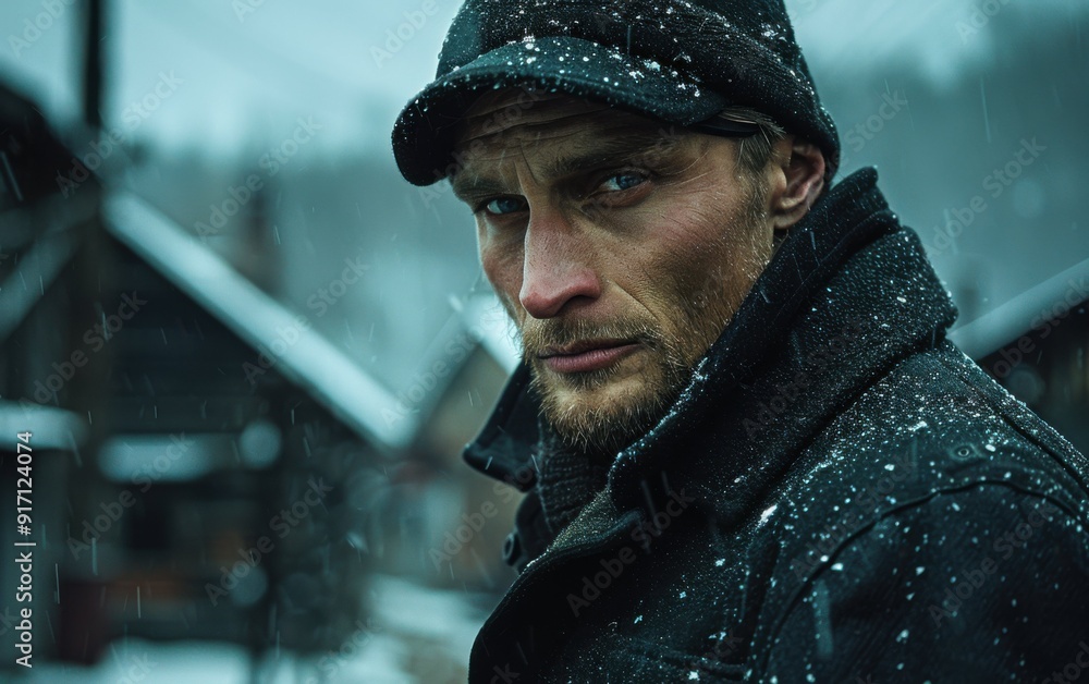A man in a black hat and coat is standing in the snow. He has a beard and is looking at the camera. The image has a moody and somewhat melancholic feel to it, as the man is alone A man in a black hat and coat is standing in the snow. He has a beard and is looking at the camera. The image has a moody and somewhat melancholic feel to it, as the man is alone