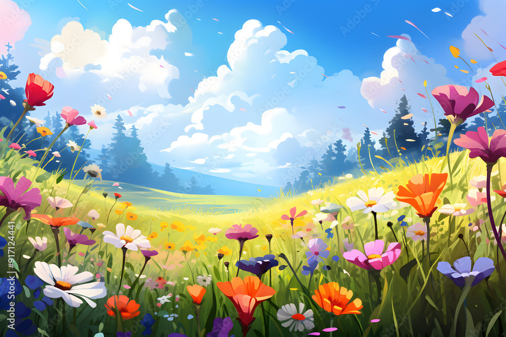 Fototapeta premium Meadow with Wildflowers background illustration