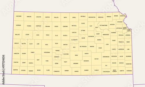 Kansas, U.S. state subdivided into 105 counties, political map with borders and county names. State in the Midwestern region of the United States. nicknamed The Sunflower State, and The Wheat State. photo