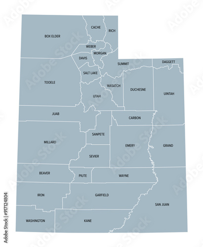 Utah, U.S. state subdivided into 29 counties, gray political map with borders and county names. State in the Mountain West region of Western USA. Nicknamed Beehive State, Mormon State, and Deseret.