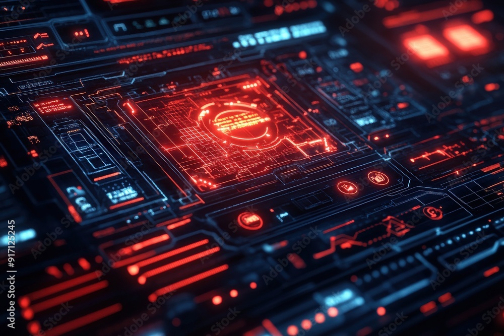 Futuristic digital interface with glowing red and blue circuitry and data patterns. Futuristic digital interface with glowing red and blue circuitry and data patterns.
