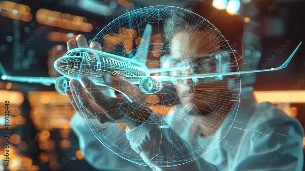 An engineer interacts with a holographic model of an airplane, showcasing advanced technology in a modern, illuminated lab