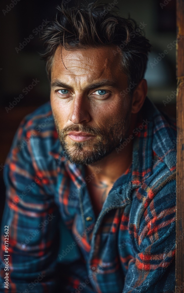 A man with a beard and blue eyes is wearing a plaid shirt. He is looking at the camera A man with a beard and blue eyes is wearing a plaid shirt. He is looking at the camera