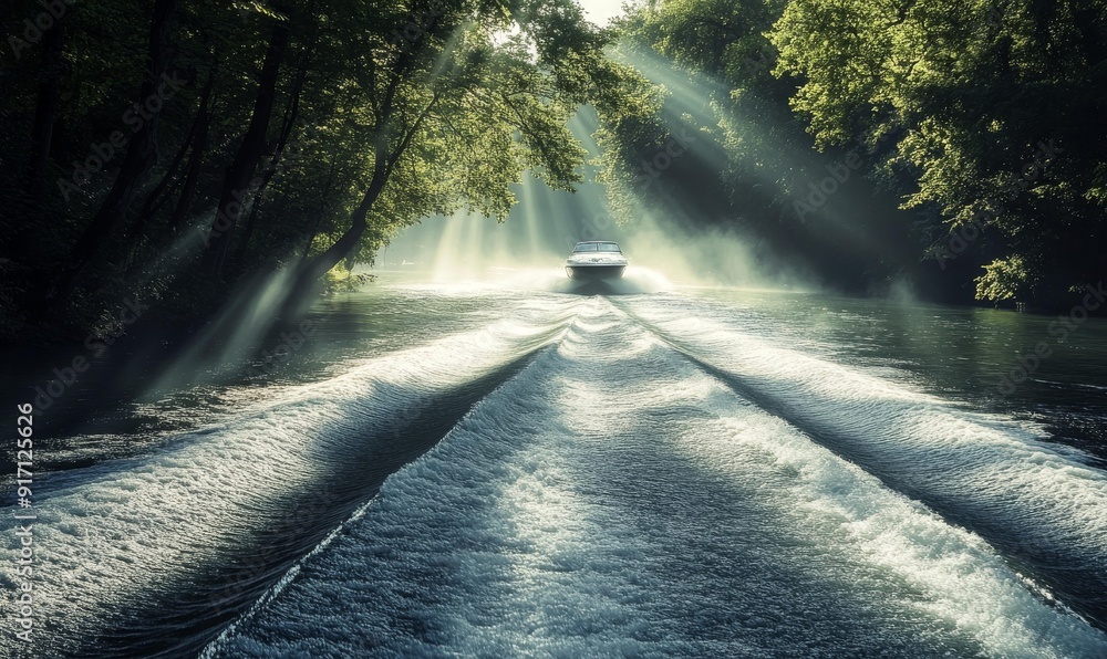 Obraz premium Sunlit River with Rippling Waters and Speedboat’s Wake. Generative AI