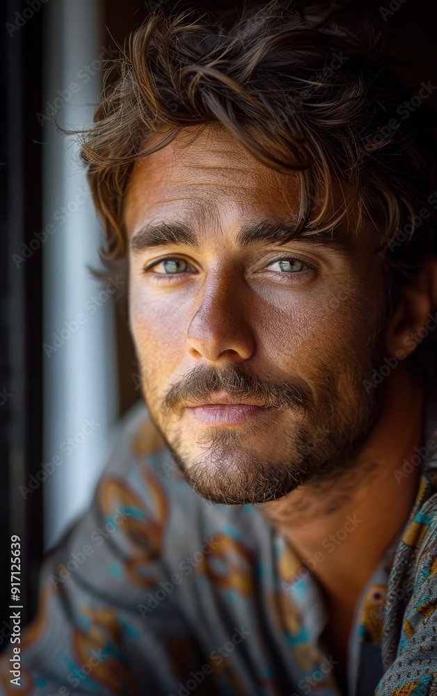 A man with a beard and glasses is looking at the camera. He is wearing a shirt with a pattern on it A man with a beard and glasses is looking at the camera. He is wearing a shirt with a pattern on it