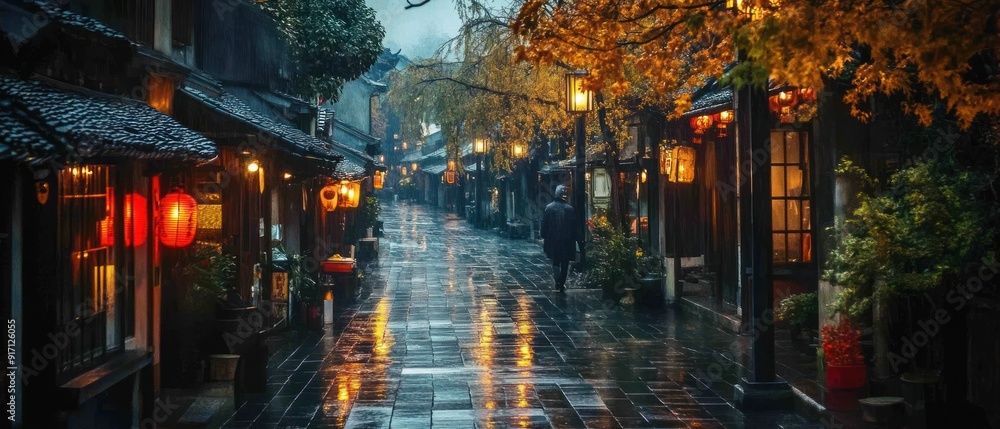 Obraz premium Rainy evening in the city. Blurry figures of people walking. Shiny raindrops on the street. Multi-colored city lights in the background. Creative evening lights and blurred shadows