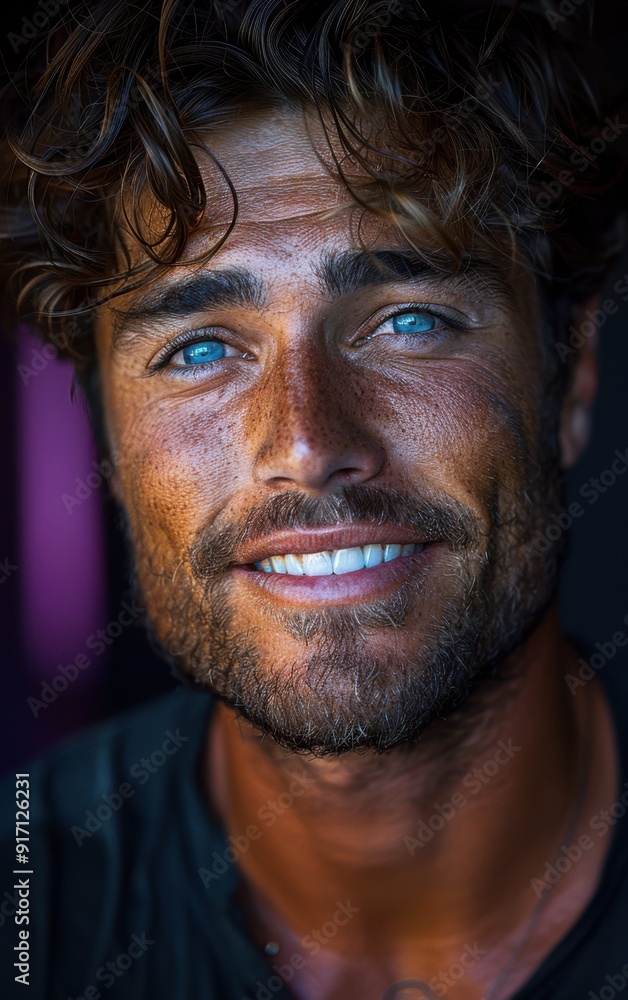 A man with a beard and blue eyes is smiling. He is wearing a black shirt. Concept of happiness and warmth A man with a beard and blue eyes is smiling. He is wearing a black shirt. Concept of happiness and warmth