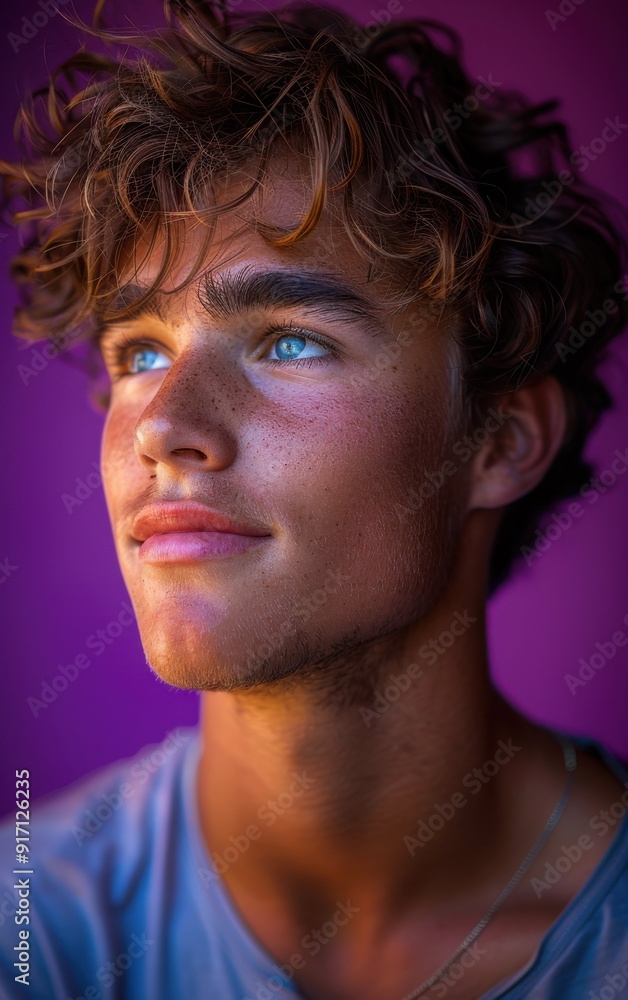 A man with a blue shirt and brown hair is looking at the camera. He has a beard and a blue eye A man with a blue shirt and brown hair is looking at the camera. He has a beard and a blue eye
