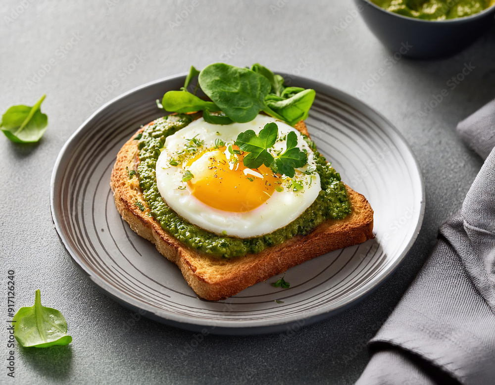 healthy toast with fried egg pesto sauce and green herbs served on white ceramic plate on gray table healthy toast with fried egg pesto sauce and green herbs served on white ceramic plate on gray table