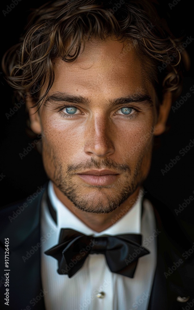 A man in a black suit and white shirt with a blue tie. He has a beard and blue eyes A man in a black suit and white shirt with a blue tie. He has a beard and blue eyes
