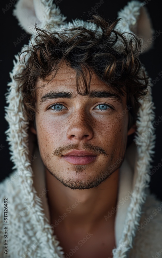 A man with a beard and blue eyes is wearing a white hooded sweatshirt. The hood is pulled up over his head, covering his face. The image has a playful and lighthearted mood A man with a beard and blue eyes is wearing a white hooded sweatshirt. The hood is pulled up over his head, covering his face. The image has a playful and lighthearted mood