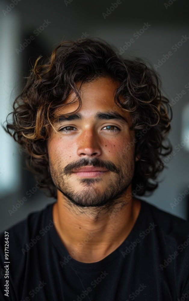 A man with a beard and curly hair is smiling at the camera. He is wearing a black shirt and he is in a relaxed mood A man with a beard and curly hair is smiling at the camera. He is wearing a black shirt and he is in a relaxed mood