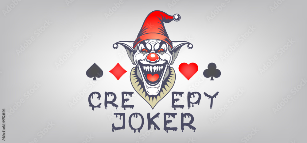 Vector scary graphic logo. Creepy portrait of clown or joker in cap with open toothy maw. Sharp toothed smiling evil. Playing card suits. Spades, diamonds, hearts and clubs. Vector scary graphic logo. Creepy portrait of clown or joker in cap with open toothy maw. Sharp toothed smiling evil. Playing card suits. Spades, diamonds, hearts and clubs.