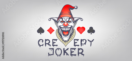 Vector scary graphic logo. Creepy portrait of clown or joker in cap with open toothy maw. Sharp toothed smiling evil. Playing card suits. Spades, diamonds, hearts and clubs.