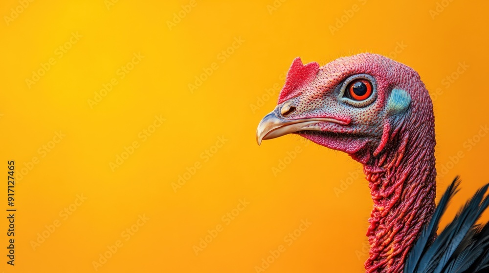 Close-up portrait of a turkey's head with a bright orange background. Close-up portrait of a turkey's head with a bright orange background.