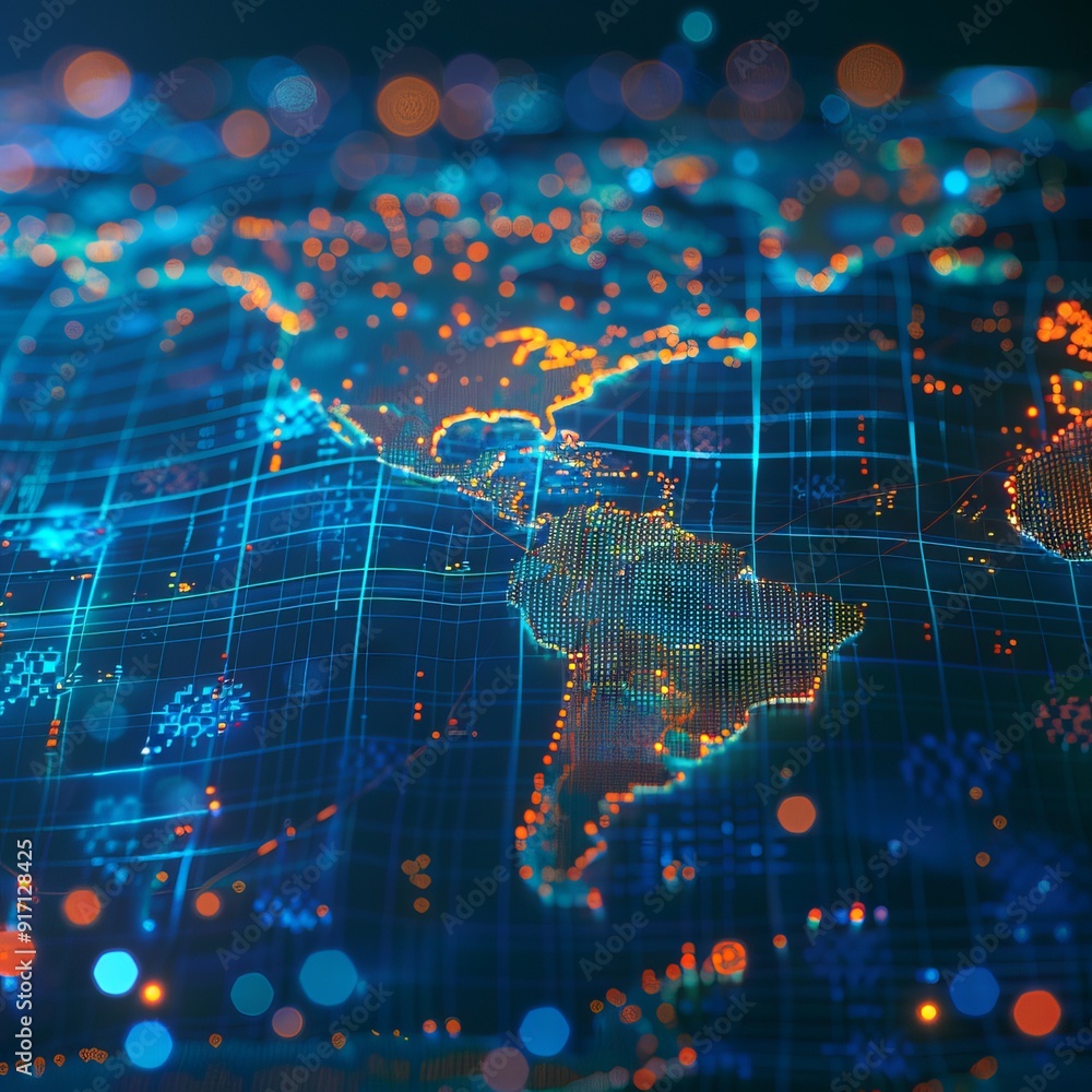 Abstract graphic world map illustration on blue background, big data and networking concept. 3D Rendering Abstract graphic world map illustration on blue background, big data and networking concept. 3D Rendering