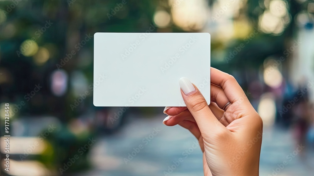 A person holding a blank card outdoors with a blurred background, perfect for customization or templates. A person holding a blank card outdoors with a blurred background, perfect for customization or templates.