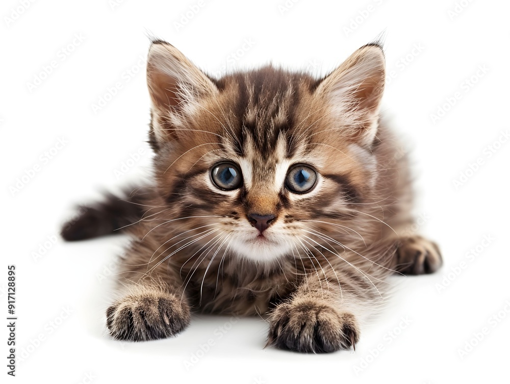 A playful brown tabby kitten resting on a white surface with curious blue eyes A playful brown tabby kitten resting on a white surface with curious blue eyes