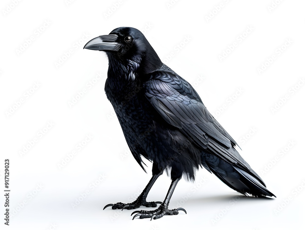 Fototapeta premium A black raven stands proudly against a white background showcasing its glossy feathers and sharp beak