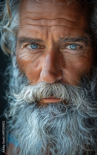 A man with a beard and a beard is shown with a blue eye