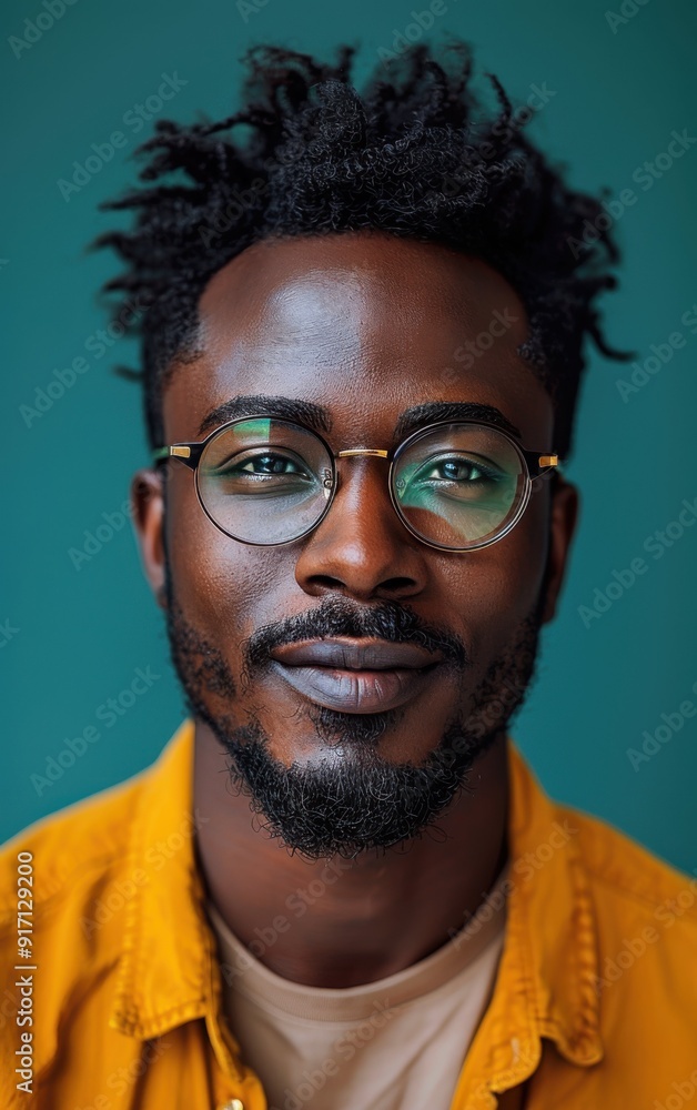 Obraz premium A man with a beard and glasses is wearing a yellow shirt. He has a serious expression on his face