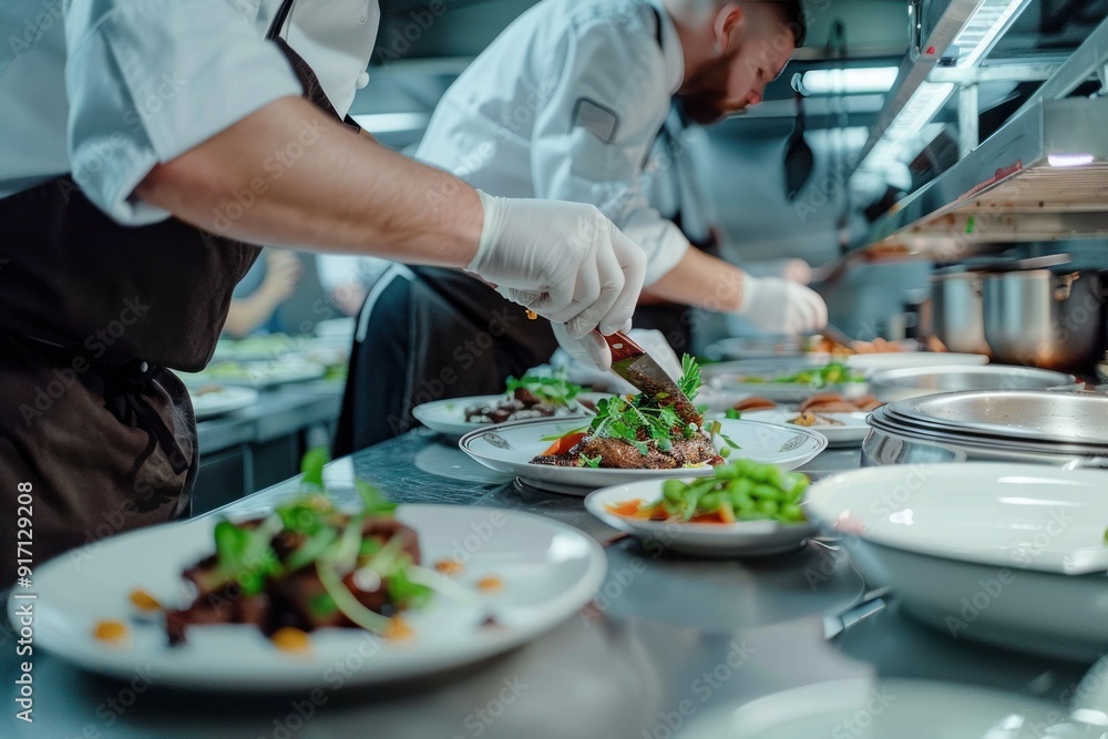 Chef Arranging a Plate of Food in a Commercial Kitchen Chef Arranging a Plate of Food in a Commercial Kitchen