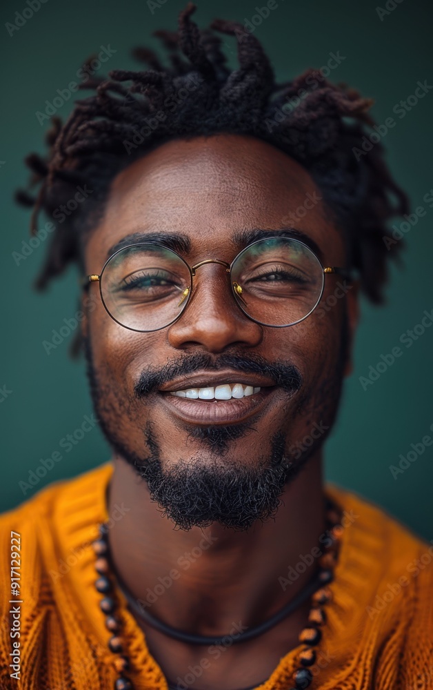 Obraz premium A man with a beard and glasses is smiling. He is wearing an orange sweater and a necklace