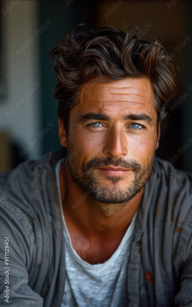 A man with a beard and blue eyes is smiling. He is wearing a grey shirt and a white shirt A man with a beard and blue eyes is smiling. He is wearing a grey shirt and a white shirt