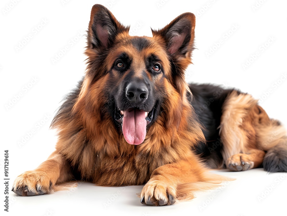 A German Shepherd relaxing on a white background indoors A German Shepherd relaxing on a white background indoors