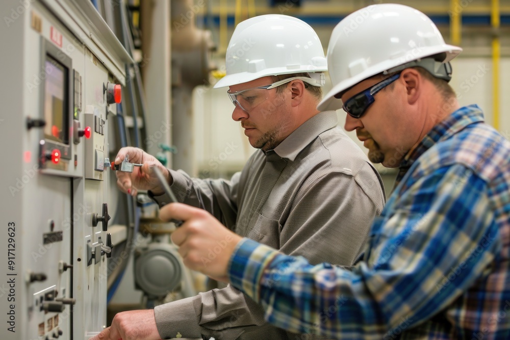 Two Industrial Workers Inspecting a Control Panel Two Industrial Workers Inspecting a Control Panel