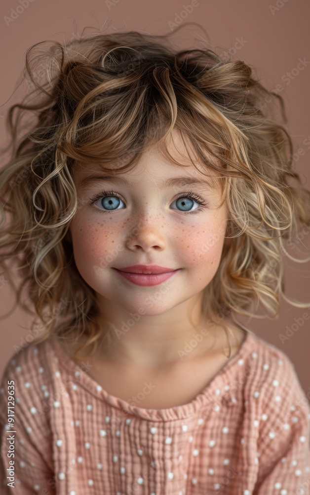 A young girl with brown hair and blue eyes is smiling at the camera. She is wearing a pink shirt with white dots A young girl with brown hair and blue eyes is smiling at the camera. She is wearing a pink shirt with white dots