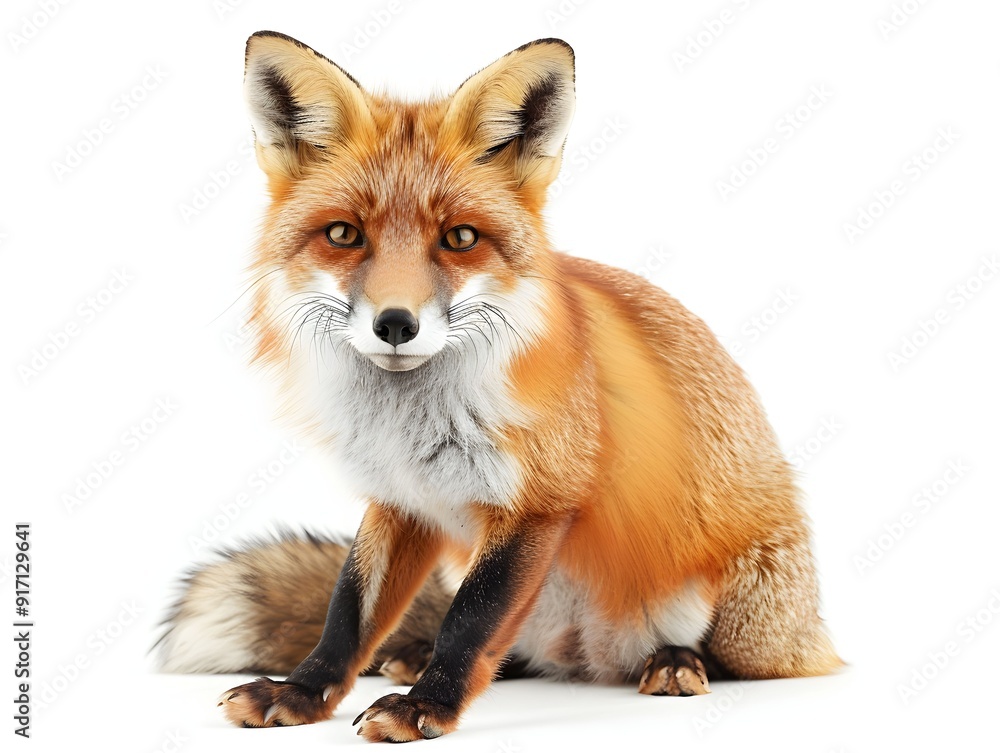 A realistic depiction of a red fox with vibrant fur, sitting against a plain background, showcasing its expressive features and alert posture